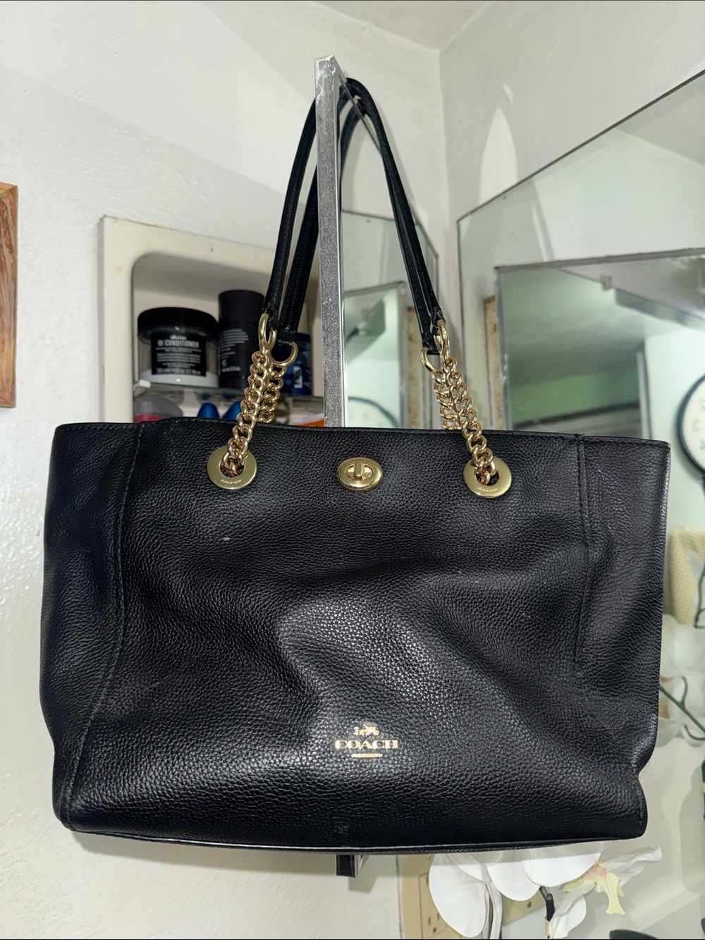Coach Black Pebbled Leather Tote with Gold Chain Straps